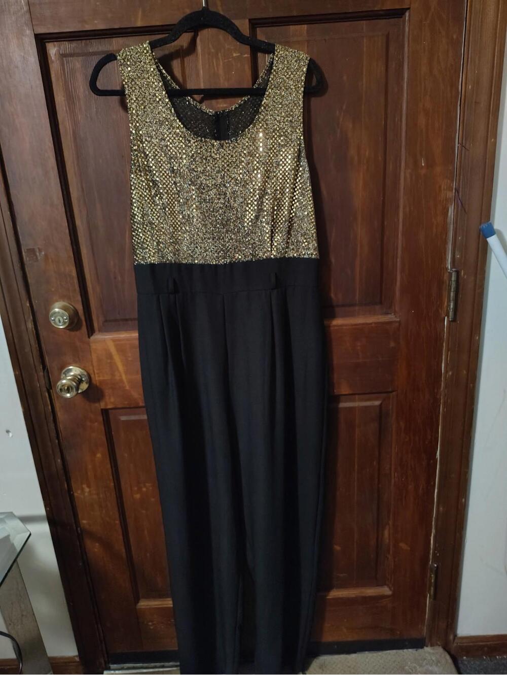 John Roberts Party/Cocktail Gold Sparkle/Black Sleeveless Jumpsuit Sz 14